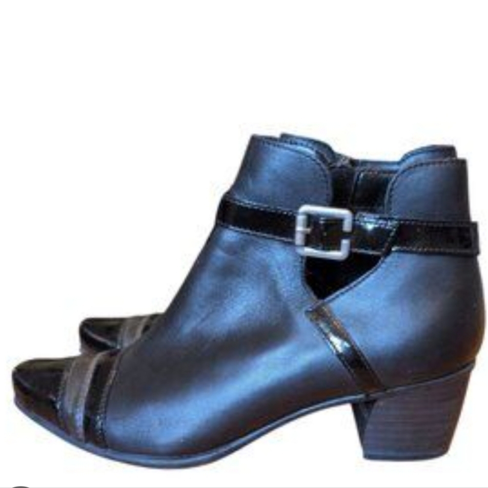 Remonte Black Leather Ankle Boots Women’s 8 Pointed Toe Buckle Side Zip Low Heel